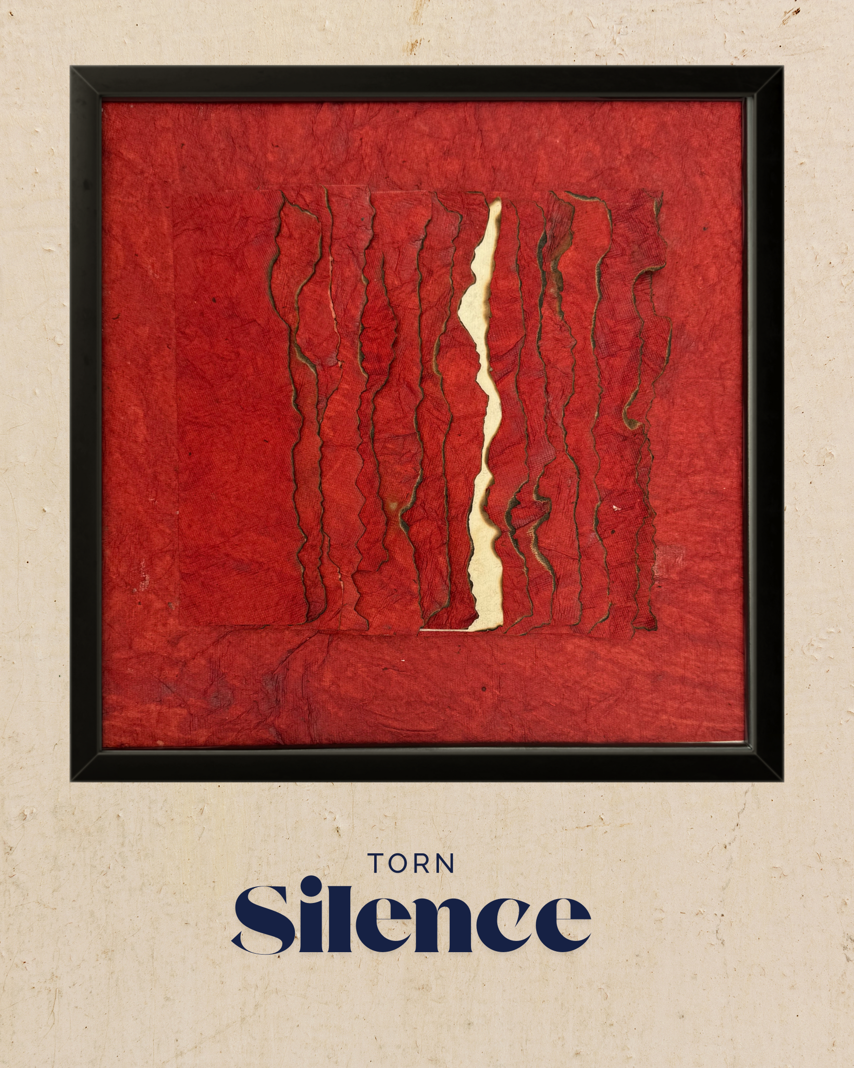 Minimal yet intense wall art using rough-edged textures to convey quiet tension and inner conflict.